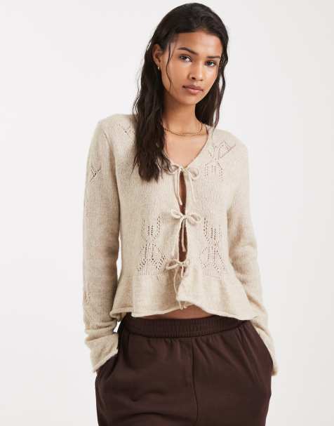 ONLY - Cremefarvet cardigan i uldblandingsmateriale med bindebånd foran - view 1