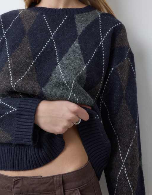 ONLY crew neck argyle knit jumper in navy, 2 of 5
