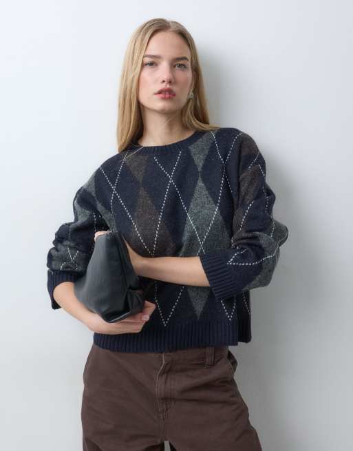 ONLY crew neck argyle knit jumper in navy, 3 of 5