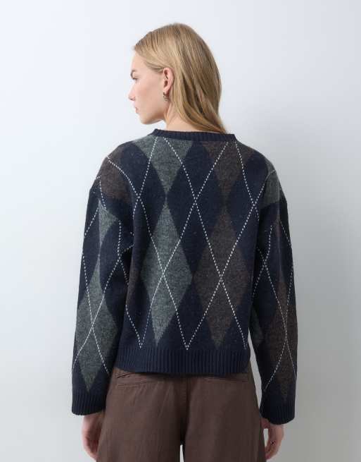 ONLY crew neck argyle knit jumper in navy, 4 of 5