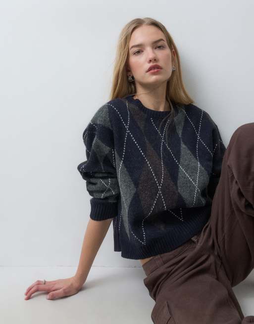 ONLY crew neck argyle knit jumper in navy, 5 of 5
