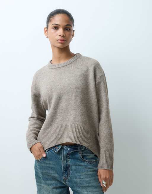 ONLY crew neck drop hem knit sweater in mid gray, 5 of 5