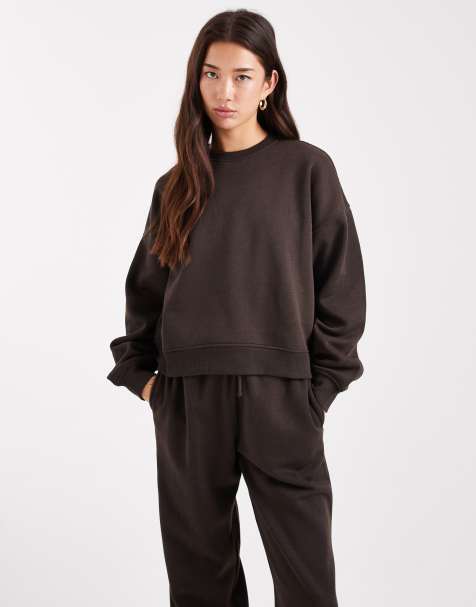 ONLY crew neck drop shoulder sweatshirt co-ord in chocolate brown - view 1