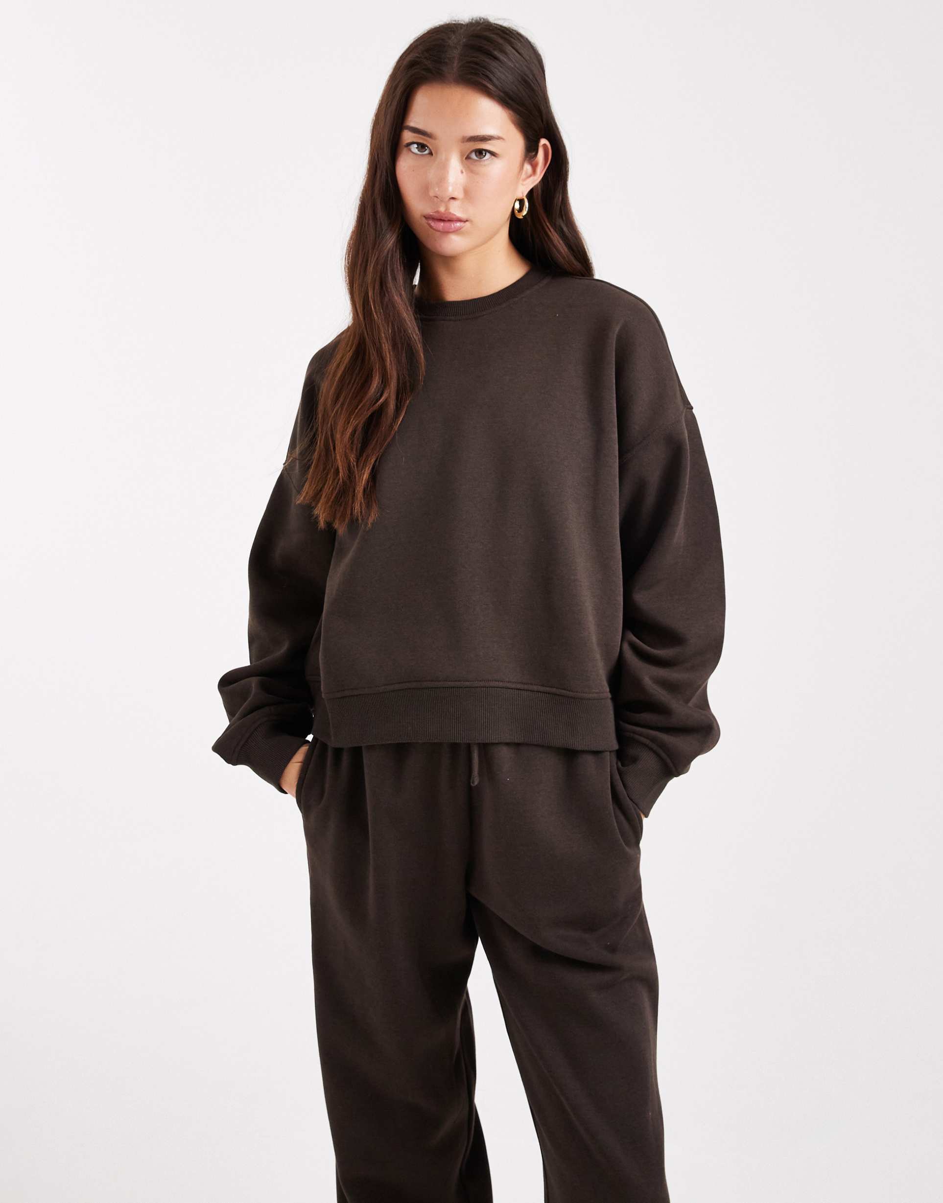 only crew neck drop shoulder sweatshirt in chocolate brown - part of a set