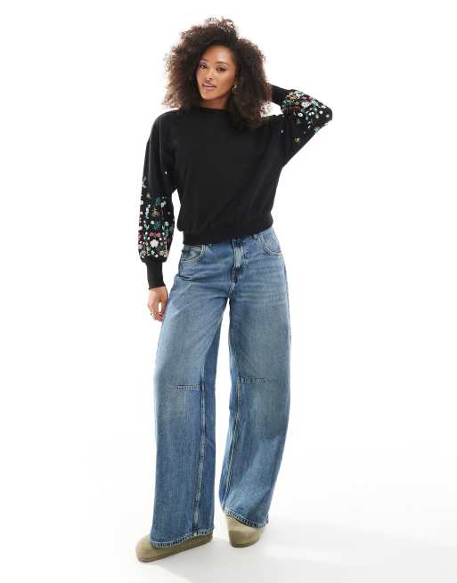 ONLY crew neck sweater with floral sleeve detail in black