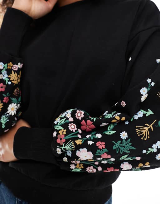 ONLY crew neck sweater with floral sleeve detail in black