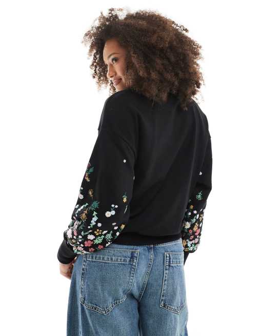 ONLY crew neck sweater with floral sleeve detail in black