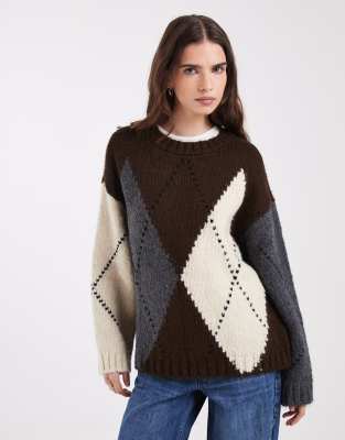 Only Crew Neck Knit Sweater In Brown