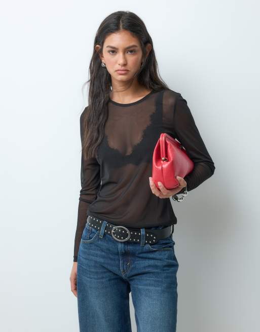 ONLY crew neck long sleeve mesh top in black, 2 of 5