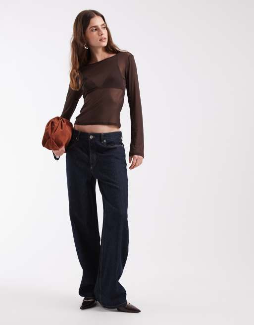 ONLY crew neck long sleeve mesh top in brown, 2 of 4