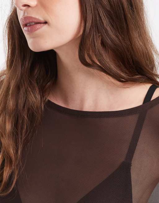ONLY crew neck long sleeve mesh top in brown, 3 of 4