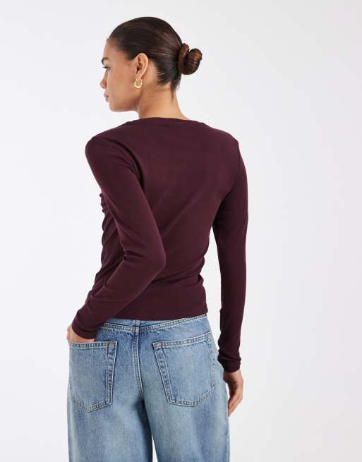 ONLY crew neck long sleeve top in burgundy, 3 of 4