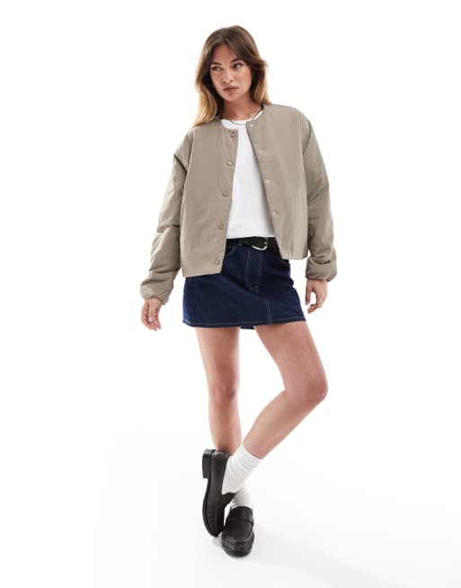 ONLY crew neck padded short jacket in light brown ASOS