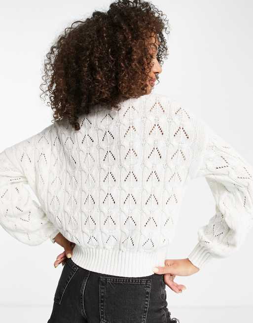 Lush White Pointelle Knit Cropped Cardigan Sweater