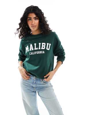 crew neck sweat with Malibu print in dark green