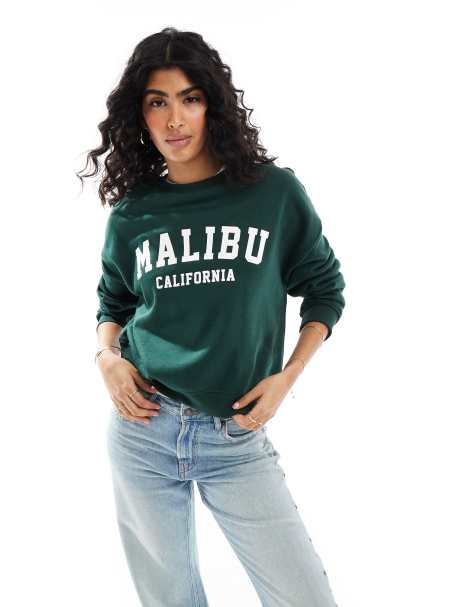 ONLY crew neck sweat with Malibu print in dark green - view 1