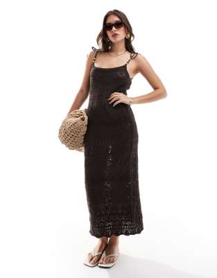 Only Crochet Bead Detail Maxi Dress In Brown