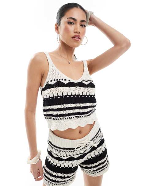 ONLY crochet cami top co-ord in beige and black pattern - view 1