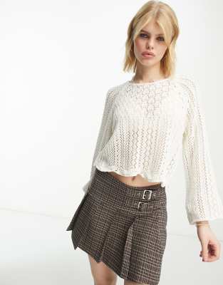 Only Crochet Cropped Wide Sleeve Sweater In Cream-white