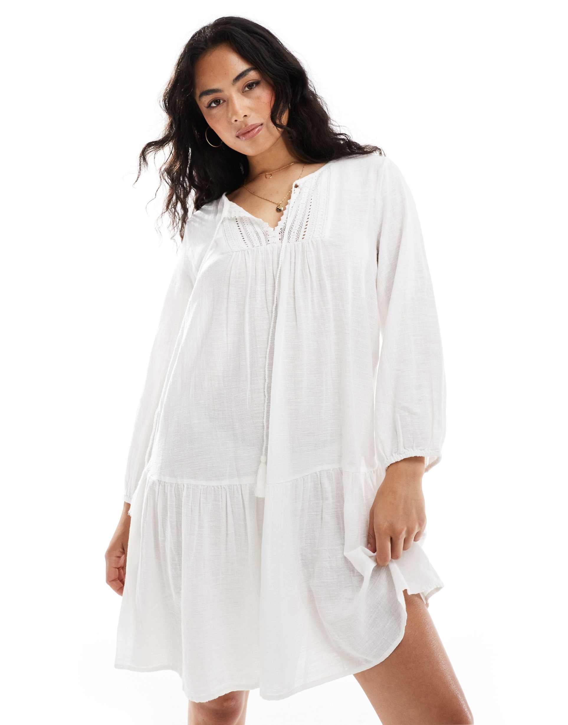 only crochet detail midi tunic dress in white