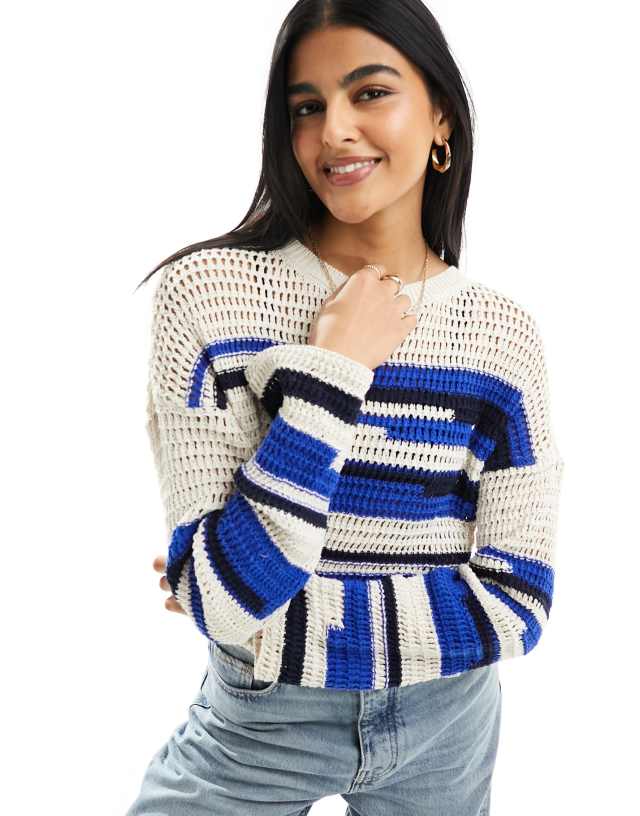 ONLY - crochet jumper in cream and blue stripe