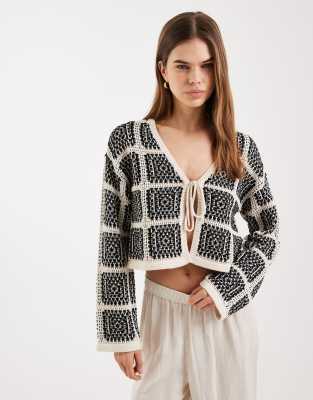 Only Crochet Knit Tie Front Cardigan In Black