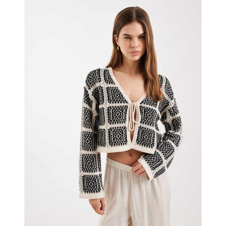 ONLY crochet knit tie front cardigan in black and white plaid | ASOS