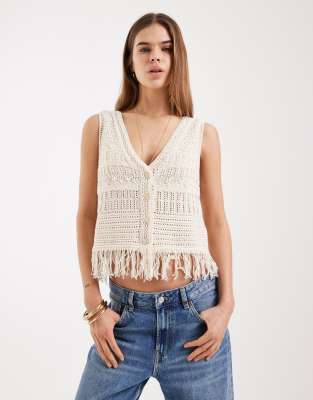 Only Crochet Knit Vest With Fringe Trim In White