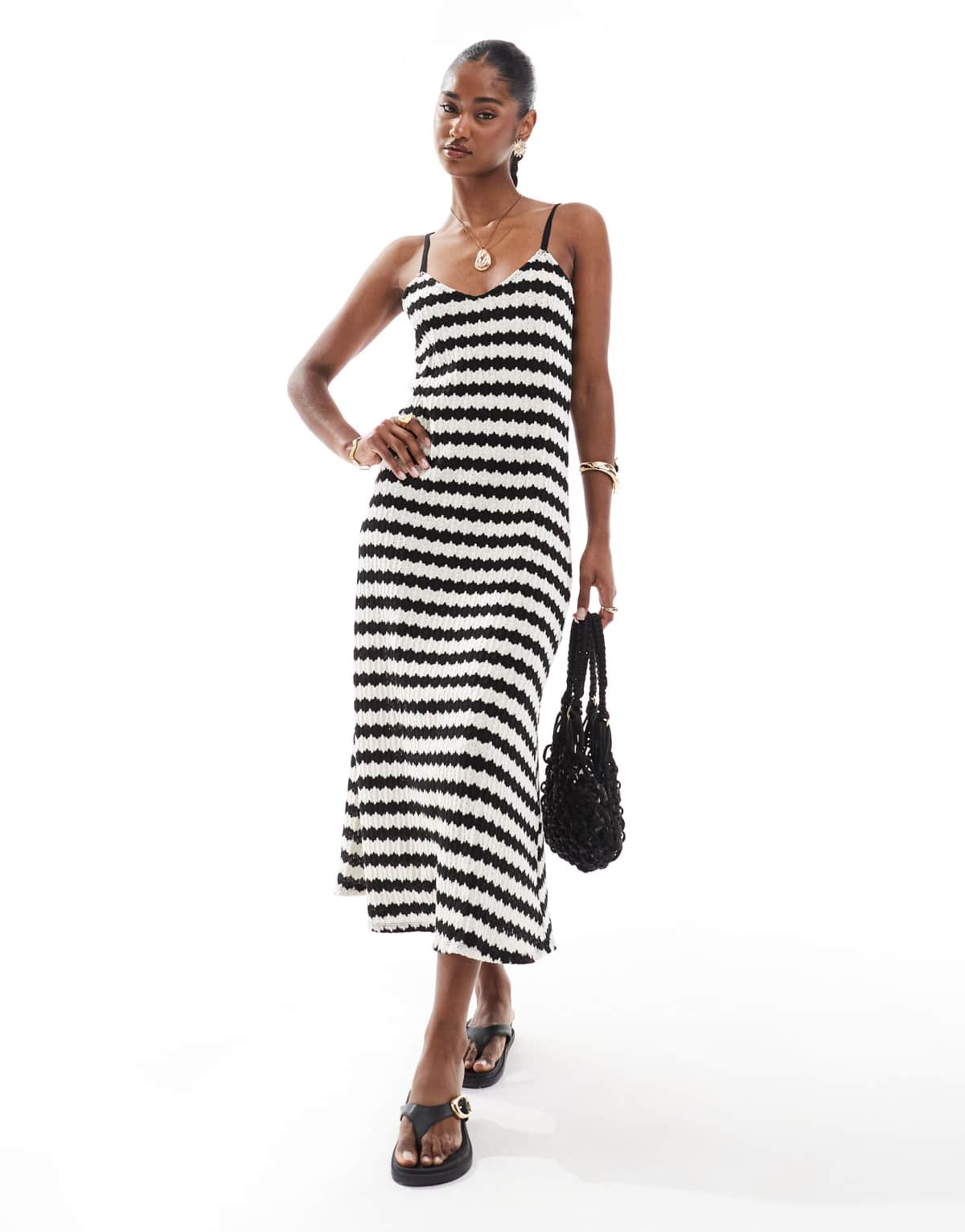 ONLY crochet maxi dress in black & white stripes
