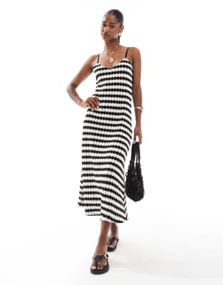 only crochet maxi dress in black & white stripes