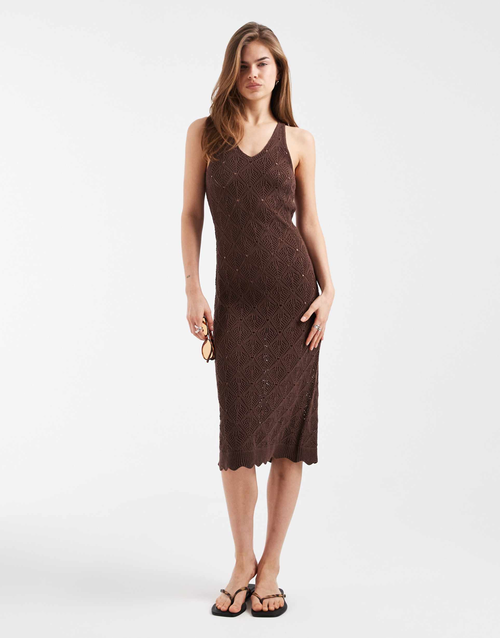 only crochet midi dress in chocolate