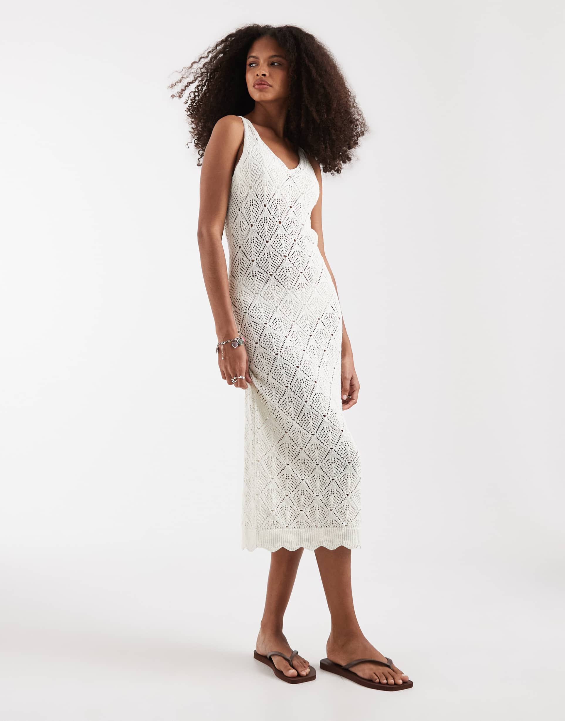 only crochet midi dress in white
