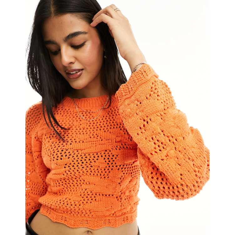 ONLY crochet open back crop top in orange | ASOS