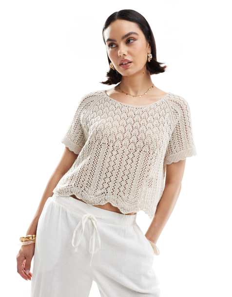 ONLY crochet short sleeve top in beige - view 1