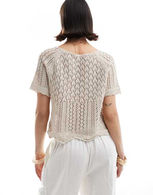 ONLY crochet short sleeve top in beige, 3 of 4