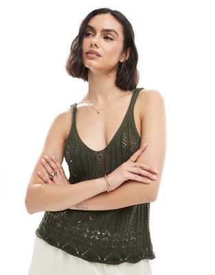 Only Crochet Tank Top In Khaki-green