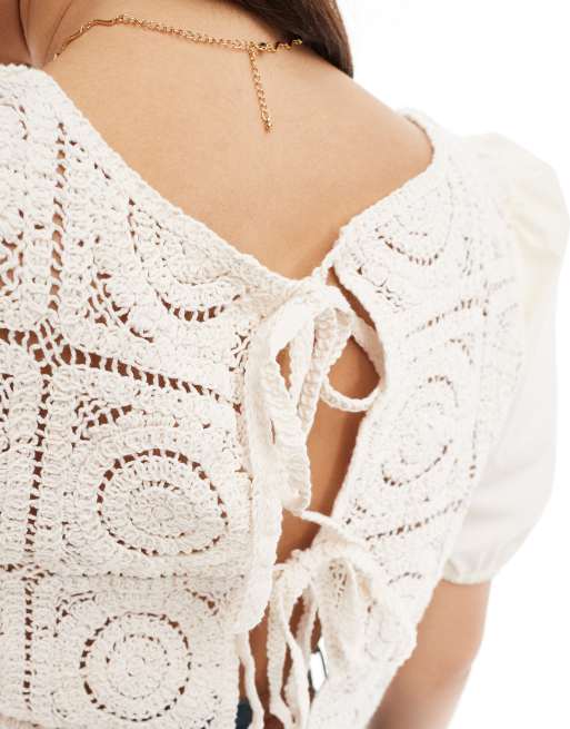 ONLY crochet tie back top in beige, 4 of 4