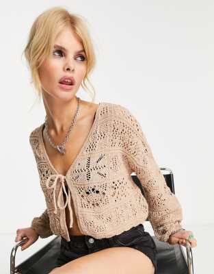 Only crochet tie front cardigan in beige