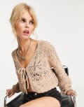 [ONLY] Only crochet tie front cardigan in beige-Neutral 8 BEIGE