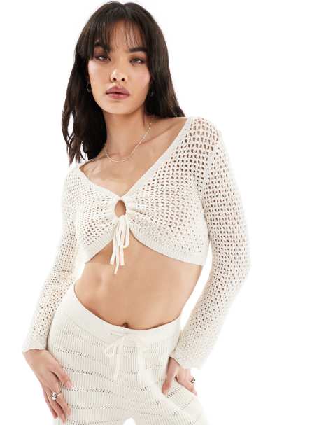 ONLY crochet tie front cropped top in cream (part of a set) - view 1