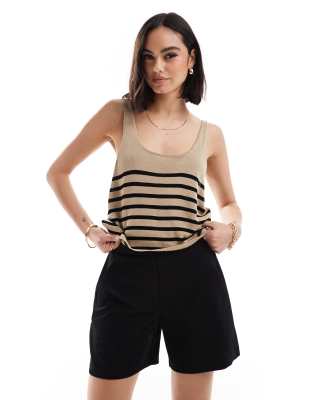 ONLY ONLY crop knitted top in beige & black stripe-Neutral