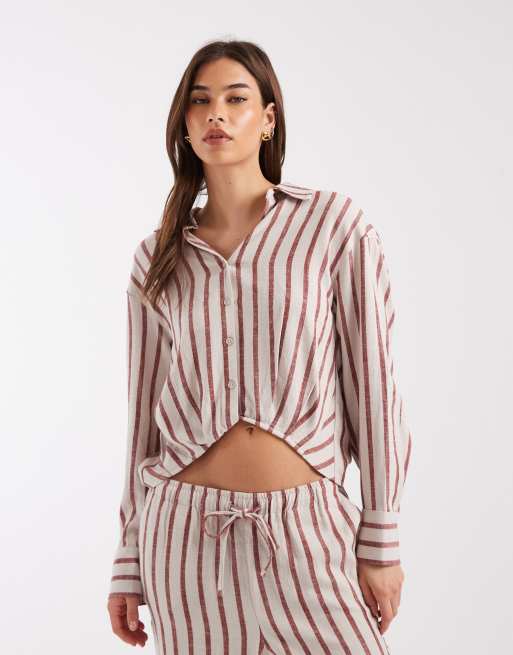 ONLY crop drop hem shirt & tie waist pants with linen set in beige and red stripe, 2 of 3