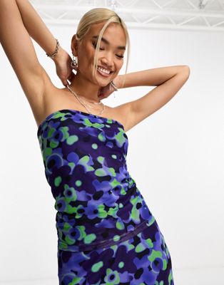 Only mesh bandeau crop top co-ord in blue floral - ASOS Price Checker