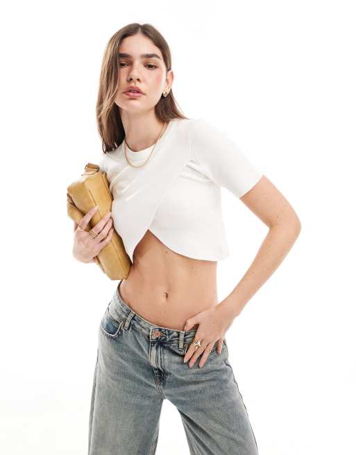 Only - Crop top color crema a coste incrociato sul davanti 