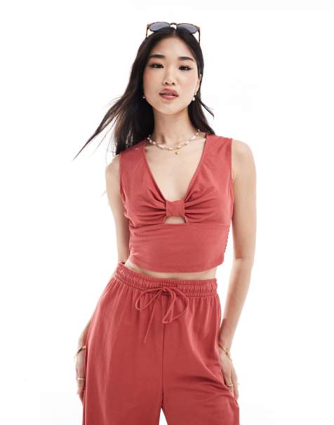 ONLY - Crop top color ruggine arricciato in coordinato - view 1