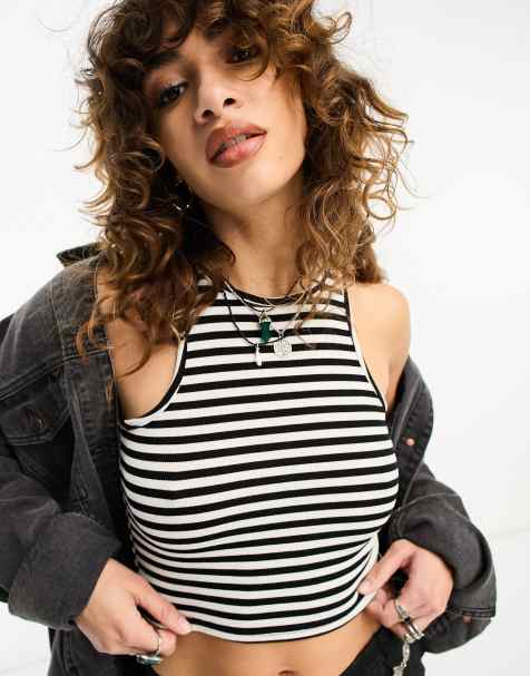 Only - Crop top con scollo a vogatore nero e bianco a righe - view 1