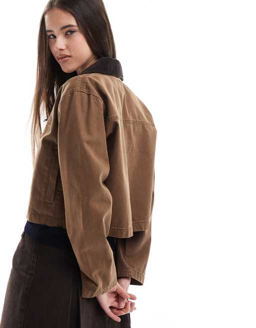 ONLY cropped barn jacket with corduroy collar in brown