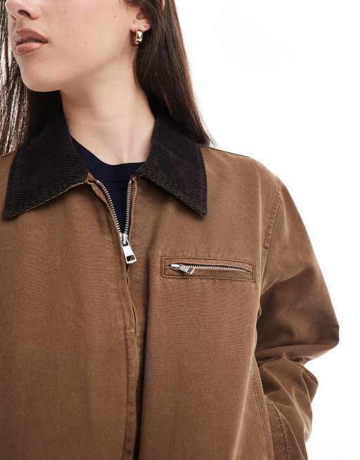 ONLY cropped barn jacket with corduroy collar in brown