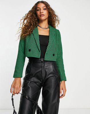 Only cropped blazer in green and black check
