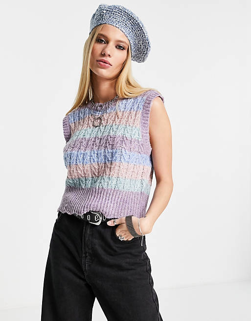 Only cropped cable knitted vest in lilac & multicoloured stripe